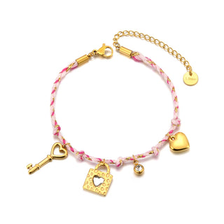 JeeMango Pulsera Corazón Dorado con Zirconia y Cuerda Rosa