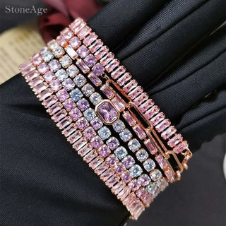 Pulsera de Tenis de Cristal Rosa con Circonita Brillante