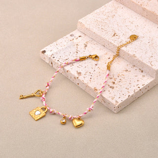 JeeMango Pulsera Corazón Dorado con Zirconia y Cuerda Rosa