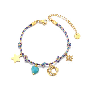 JeeMango Pulsera Corazón Dorado con Zirconia y Cuerda Rosa